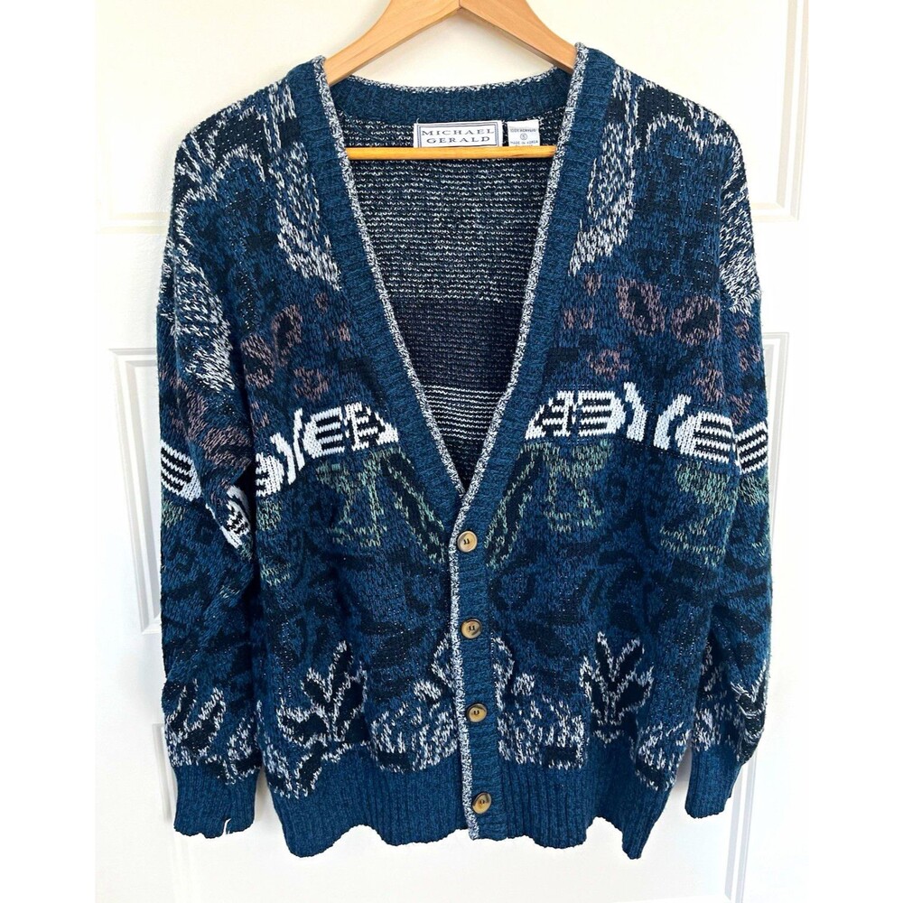 Vintage Michael Gerald Cardigan Sweater Mens S Geometric Grandpa Core 90s